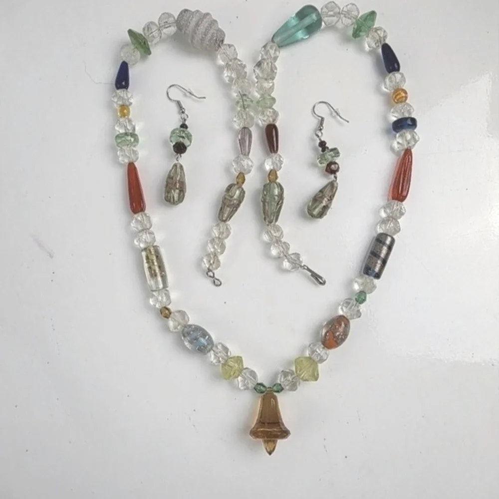 Handmade Beaded Necklace and Earrings Set Amber Bell Charm Colorful Glass Beads